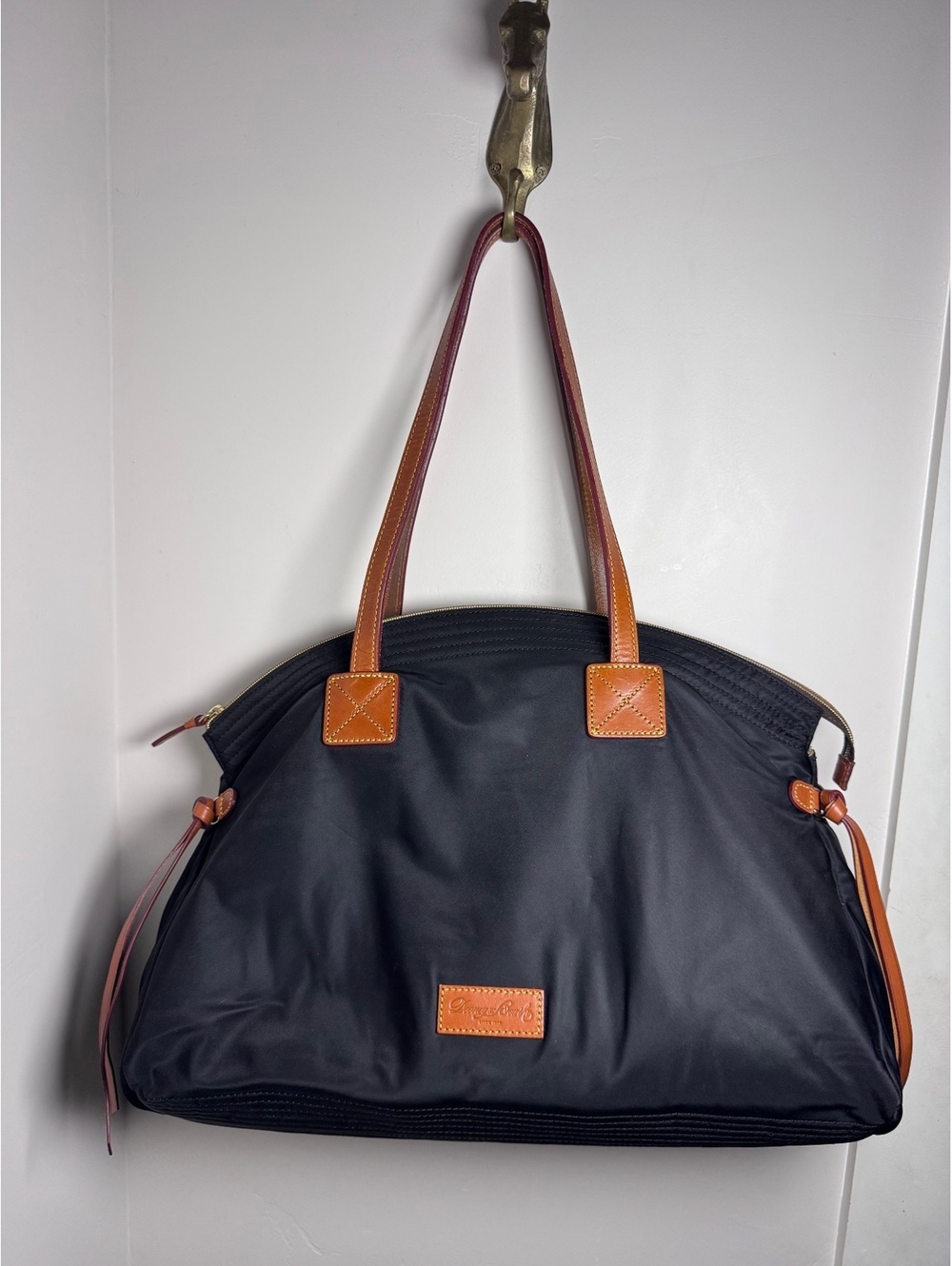 Dooney & Bourke Black Nylon Large Satchel Tote Bag Brown Leather Trim
